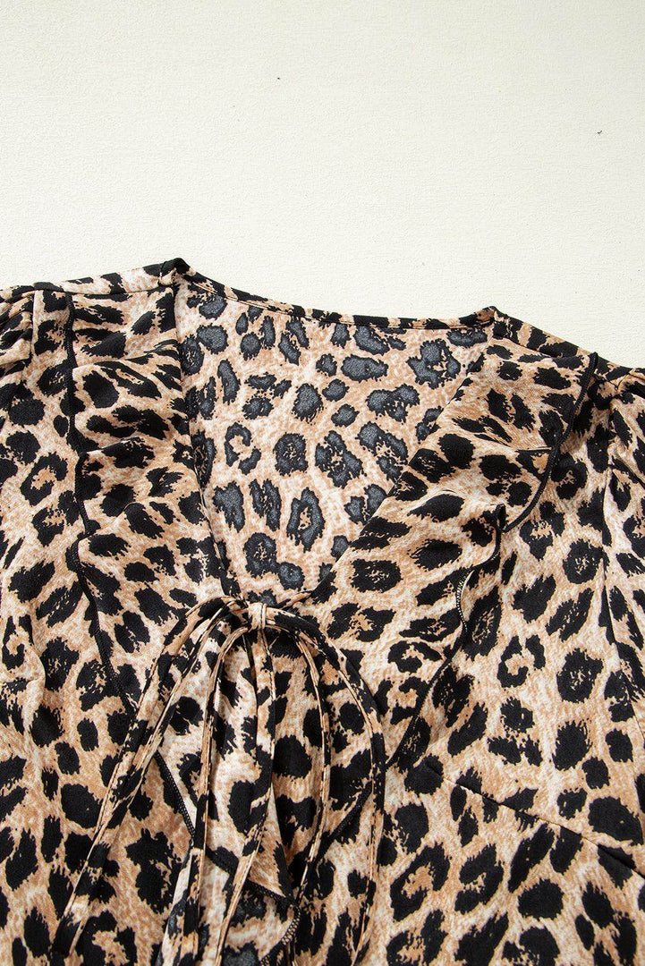 Khaki Leopard Ruffled Neck Cascading Puff Short Sleeve Top - Fashion Queen -  11