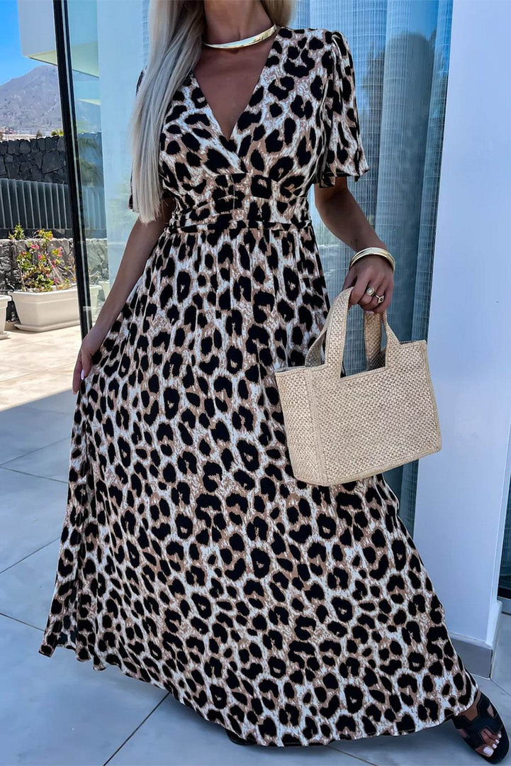 Khaki Leopard V Neck Cinched High Waist Open Back Maxi Dress - Fashion Queen -  1