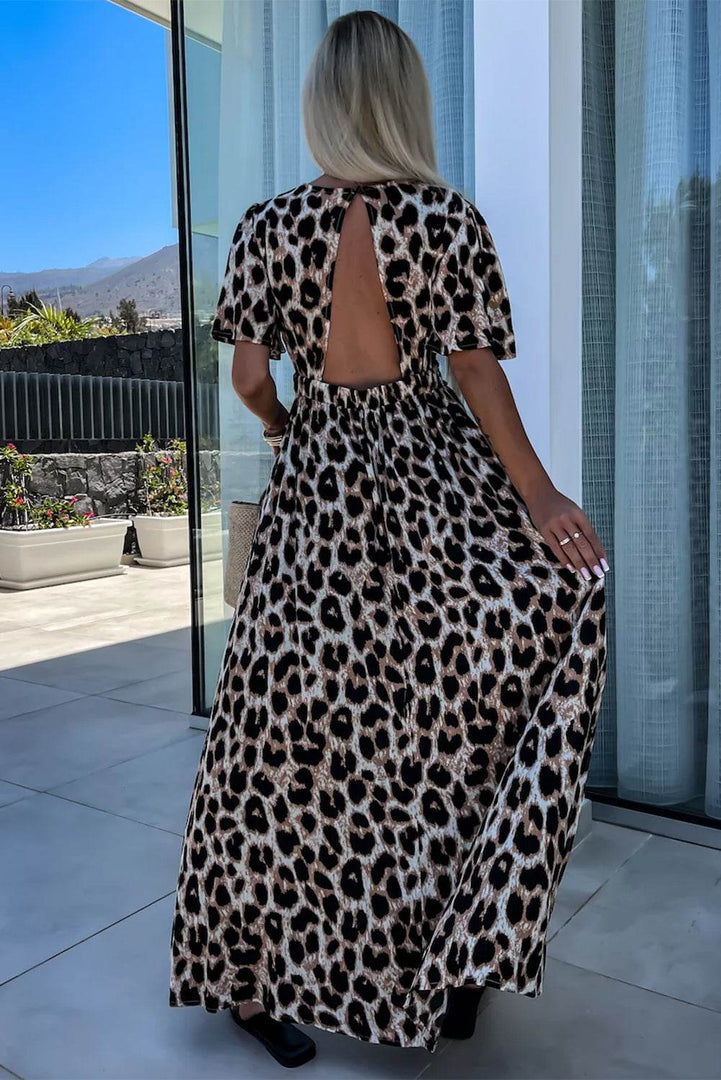 Khaki Leopard V Neck Cinched High Waist Open Back Maxi Dress - Fashion Queen -  2