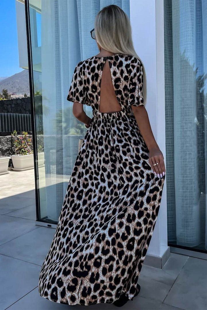 Khaki Leopard V Neck Cinched High Waist Open Back Maxi Dress - Fashion Queen -  4