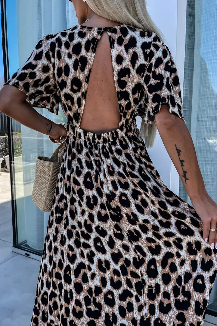 Khaki Leopard V Neck Cinched High Waist Open Back Maxi Dress - Fashion Queen -  6