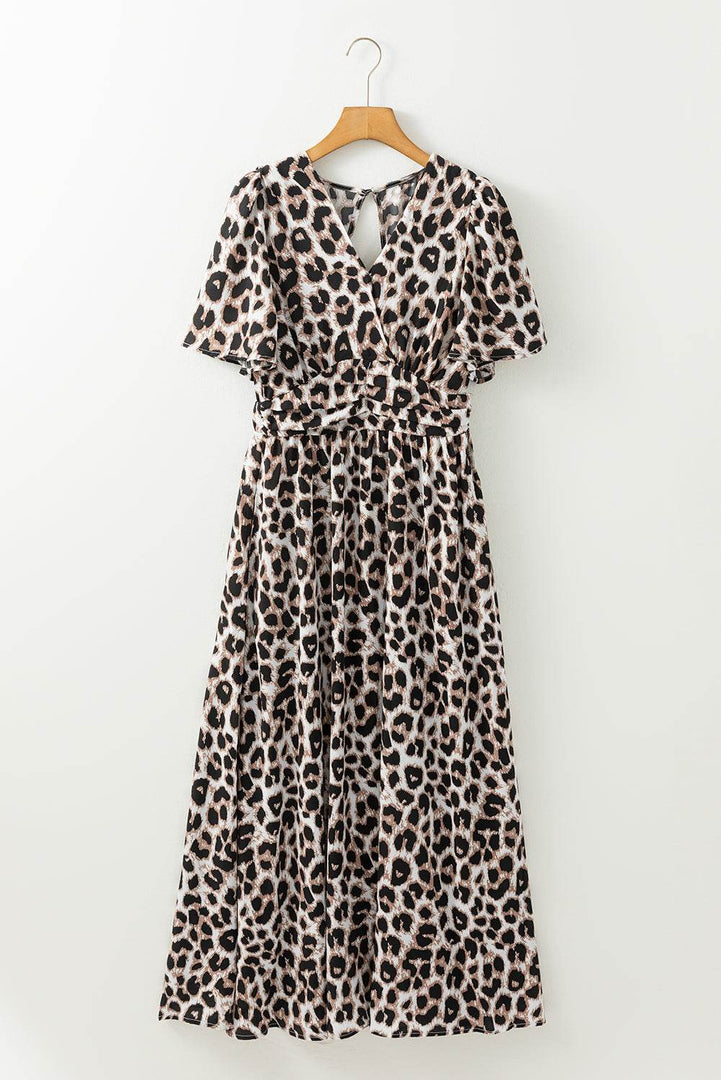 Khaki Leopard V Neck Cinched High Waist Open Back Maxi Dress - Fashion Queen -  7