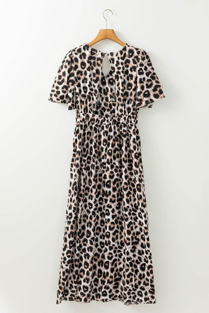 Khaki Leopard V Neck Cinched High Waist Open Back Maxi Dress - Fashion Queen -  8
