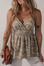 Load image into Gallery viewer, Khaki Paisley Printed Spaghetti Strap V Neck Smocked Babydoll Tank Top - Fashion Queen -  1
