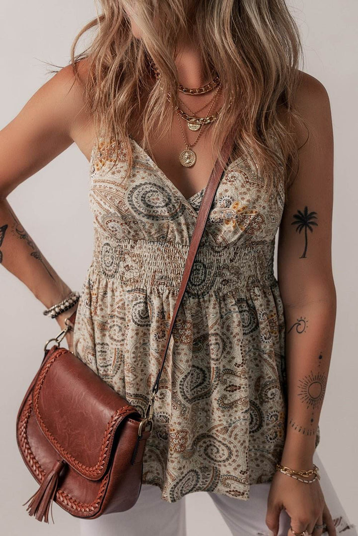 Khaki Paisley Printed Spaghetti Strap V Neck Smocked Babydoll Tank Top - Fashion Queen -  4