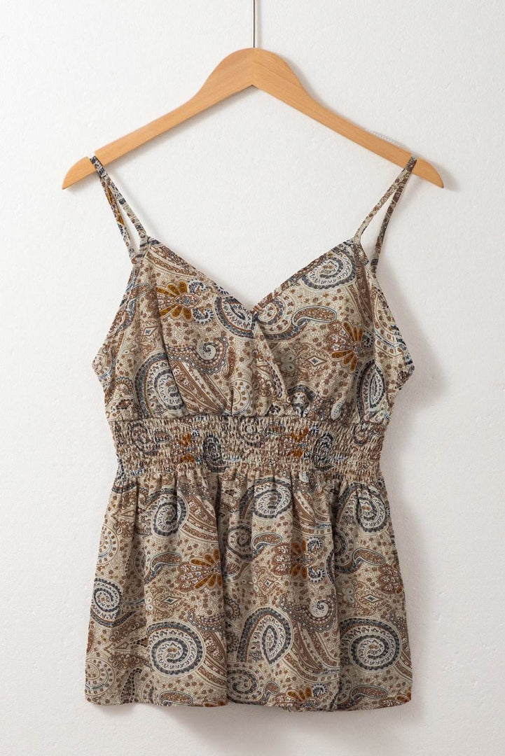Khaki Paisley Printed Spaghetti Strap V Neck Smocked Babydoll Tank Top - Fashion Queen -  5