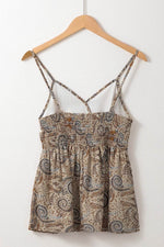 Load image into Gallery viewer, Khaki Paisley Printed Spaghetti Strap V Neck Smocked Babydoll Tank Top - Fashion Queen -  6
