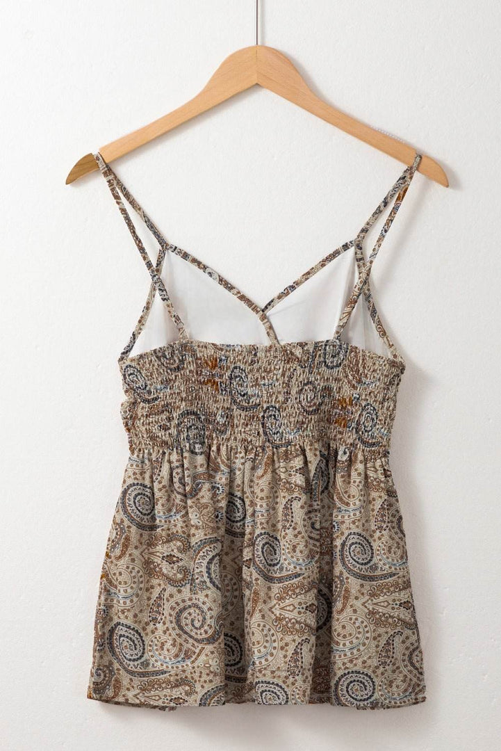 Khaki Paisley Printed Spaghetti Strap V Neck Smocked Babydoll Tank Top - Fashion Queen -  6