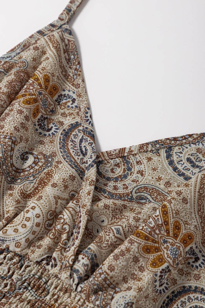 Khaki Paisley Printed Spaghetti Strap V Neck Smocked Babydoll Tank Top - Fashion Queen -  7