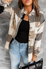Load image into Gallery viewer, Khaki Plaid Color Block Buttoned Long Sleeve Jacket with Pocket - Fashion Queen -  1
