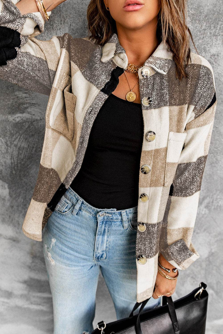 Khaki Plaid Color Block Buttoned Long Sleeve Jacket with Pocket - Fashion Queen -  1
