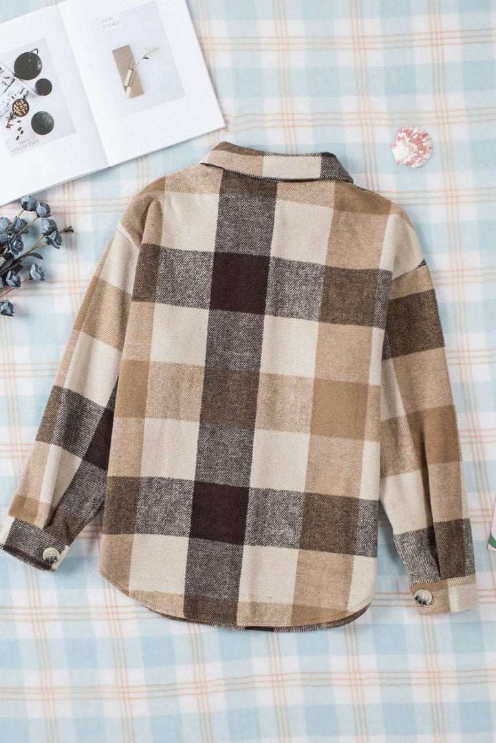 Khaki Plaid Color Block Buttoned Long Sleeve Jacket with Pocket - Fashion Queen -  11