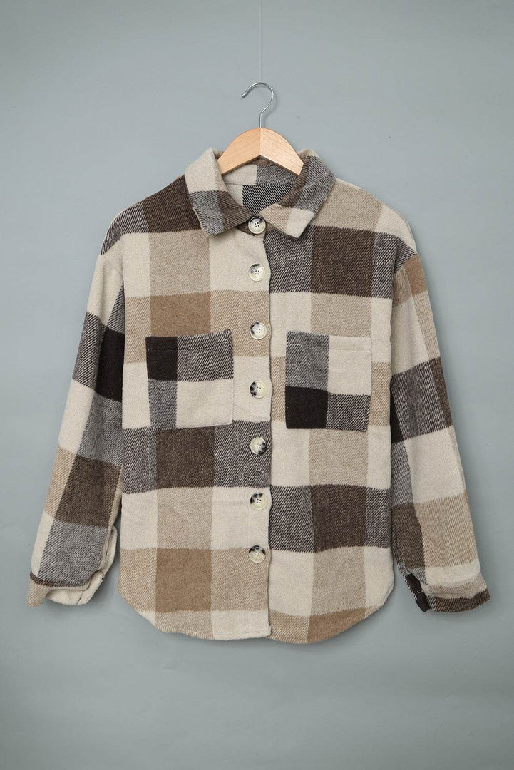 Khaki Plaid Color Block Buttoned Long Sleeve Jacket with Pocket - Fashion Queen -  12