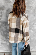 Load image into Gallery viewer, Khaki Plaid Color Block Buttoned Long Sleeve Jacket with Pocket - Fashion Queen -  2
