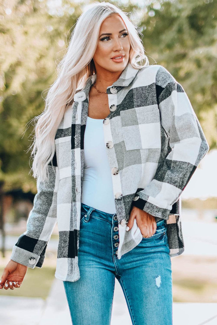 Khaki Plaid Color Block Buttoned Long Sleeve Jacket with Pocket - Fashion Queen -  23