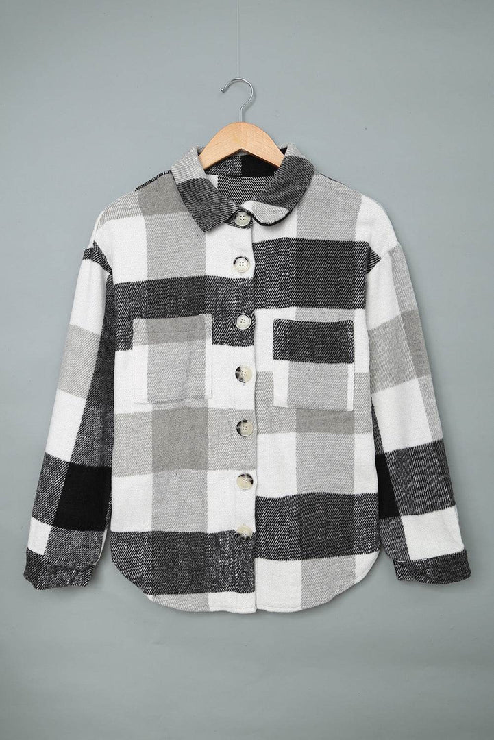 Khaki Plaid Color Block Buttoned Long Sleeve Jacket with Pocket - Fashion Queen -  25