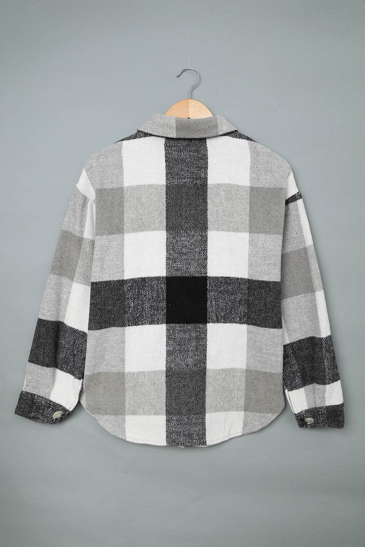 Khaki Plaid Color Block Buttoned Long Sleeve Jacket with Pocket - Fashion Queen -  26