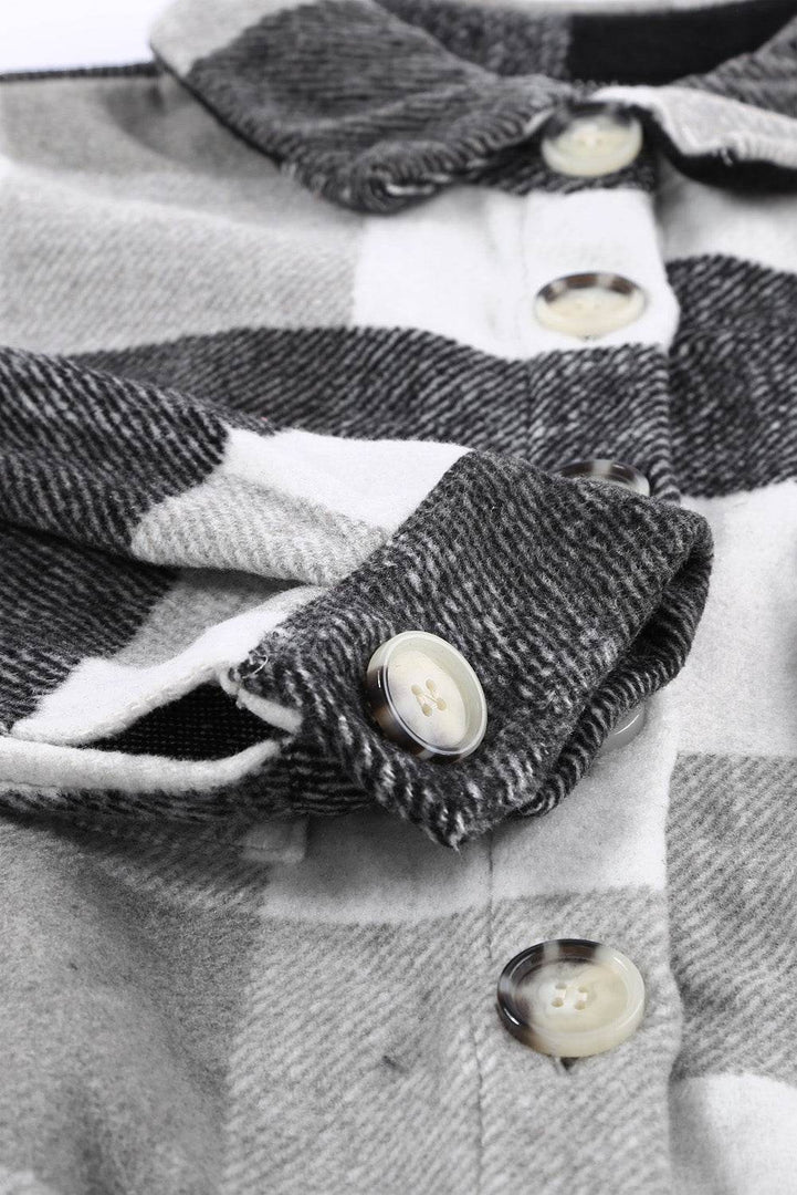 Khaki Plaid Color Block Buttoned Long Sleeve Jacket with Pocket - Fashion Queen -  30