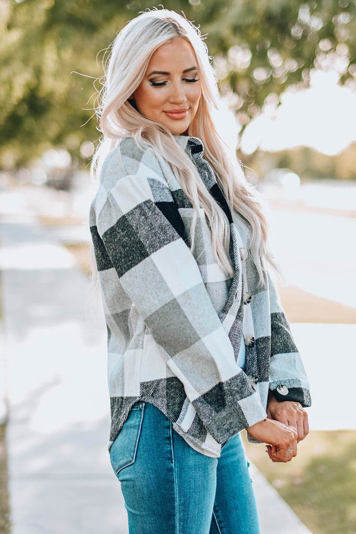 Khaki Plaid Color Block Buttoned Long Sleeve Jacket with Pocket - Fashion Queen -  6