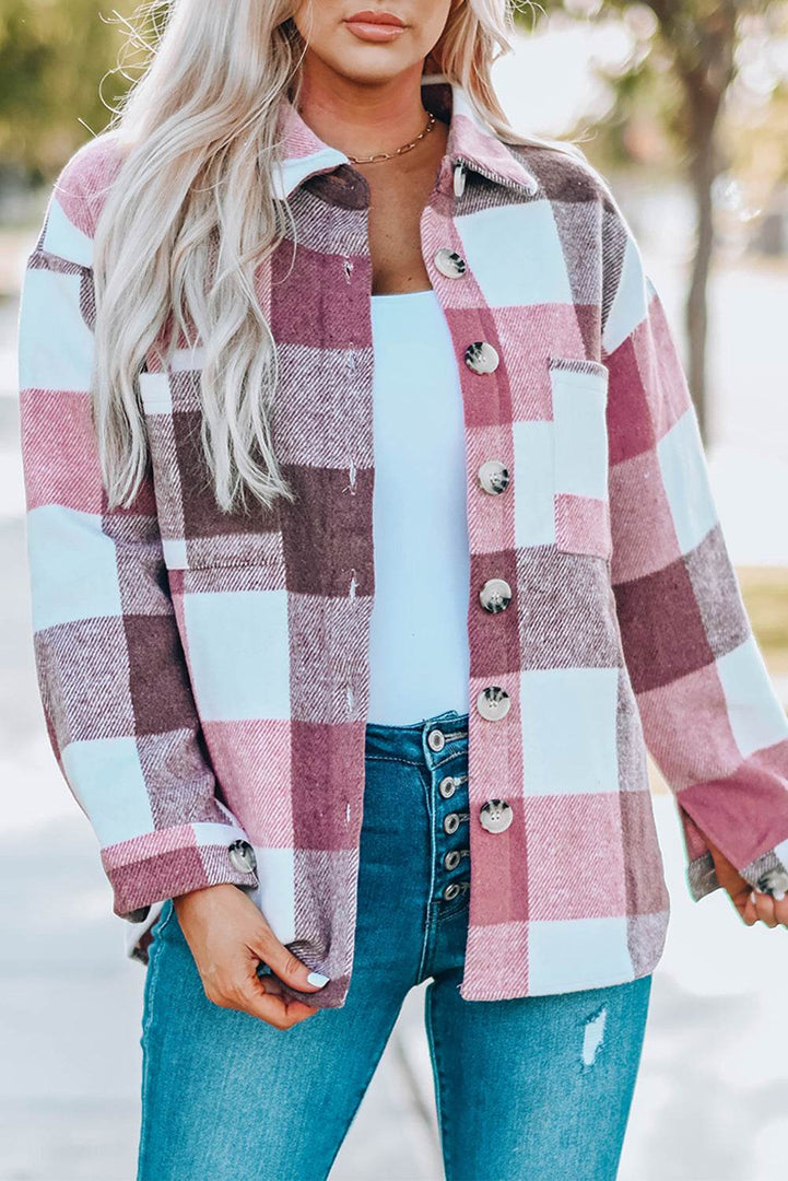 Khaki Plaid Color Block Buttoned Long Sleeve Jacket with Pocket - Fashion Queen -  7