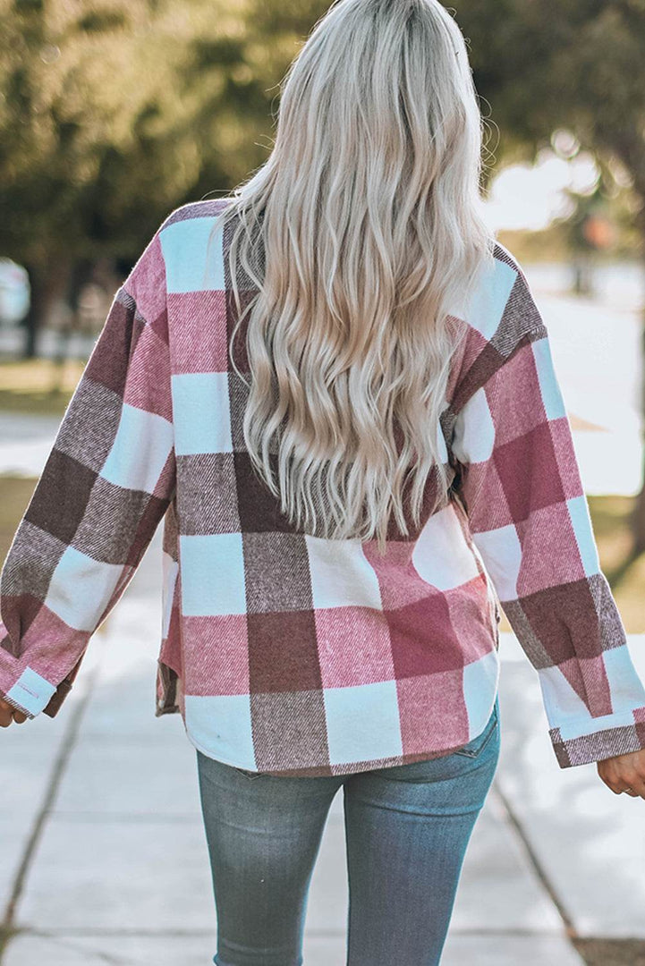 Khaki Plaid Color Block Buttoned Long Sleeve Jacket with Pocket - Fashion Queen -  8