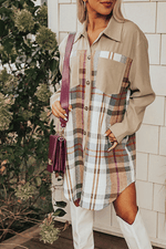 Load image into Gallery viewer, Khaki Plaid Patchwork Long Sleeve Shirt Mini Dress - Fashion Queen -  1

