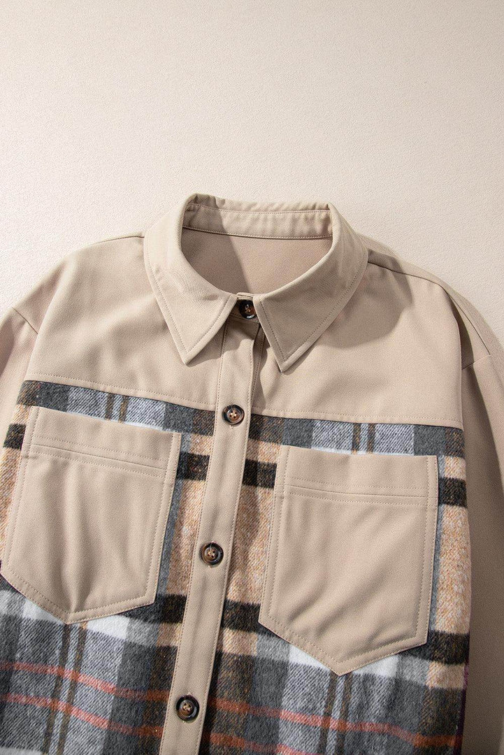 Khaki Plaid Patchwork Long Sleeve Shirt Mini Dress - Fashion Queen -  11