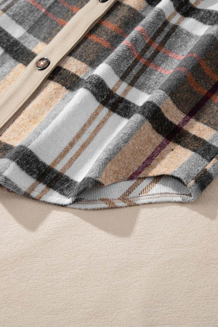 Khaki Plaid Patchwork Long Sleeve Shirt Mini Dress - Fashion Queen -  17