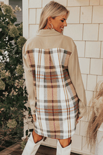 Load image into Gallery viewer, Khaki Plaid Patchwork Long Sleeve Shirt Mini Dress - Fashion Queen -  2
