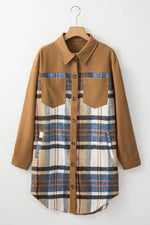 Load image into Gallery viewer, Khaki Plaid Patchwork Long Sleeve Shirt Mini Dress - Fashion Queen -  22
