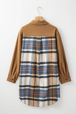Load image into Gallery viewer, Khaki Plaid Patchwork Long Sleeve Shirt Mini Dress - Fashion Queen -  23
