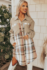 Load image into Gallery viewer, Khaki Plaid Patchwork Long Sleeve Shirt Mini Dress - Fashion Queen -  7
