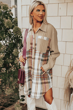 Load image into Gallery viewer, Khaki Plaid Patchwork Long Sleeve Shirt Mini Dress - Fashion Queen -  8
