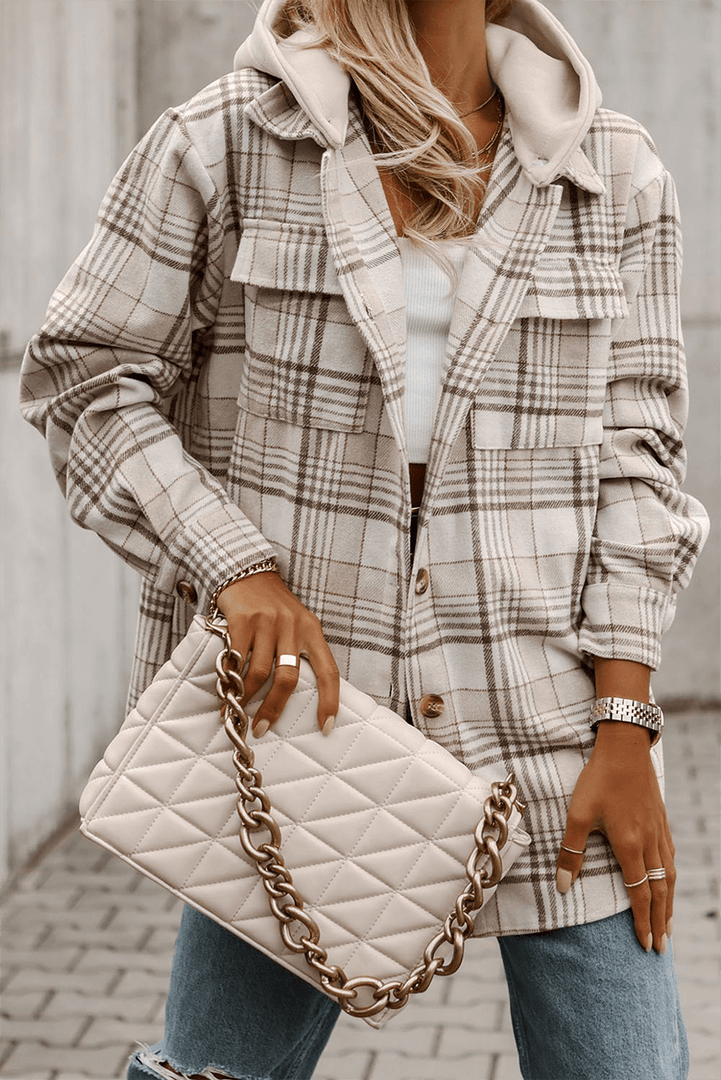 Khaki Plaid Removable Hood Buttoned Shacket - Fashion Queen -  1