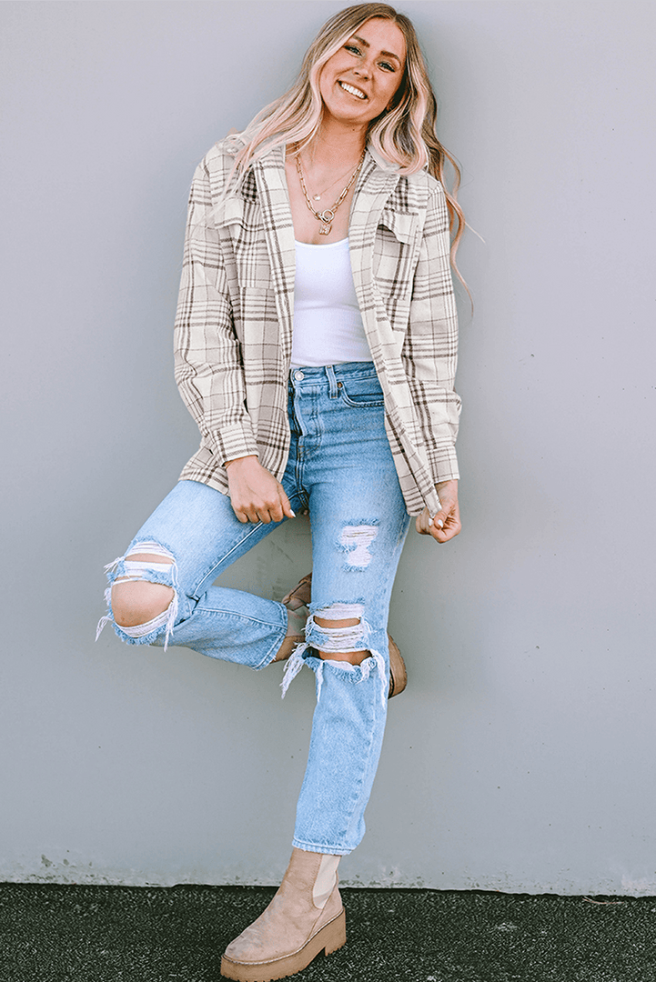Khaki Plaid Removable Hood Buttoned Shacket - Fashion Queen -  10