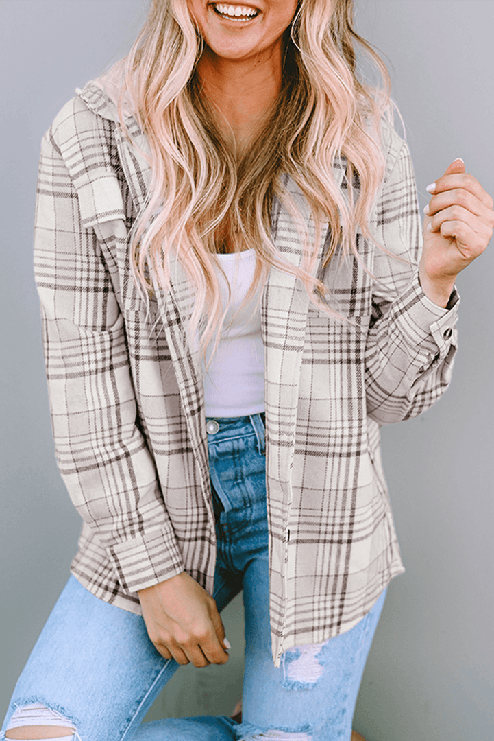 Khaki Plaid Removable Hood Buttoned Shacket - Fashion Queen -  11