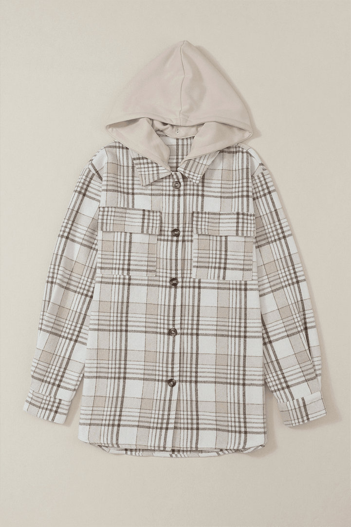 Khaki Plaid Removable Hood Buttoned Shacket - Fashion Queen -  12