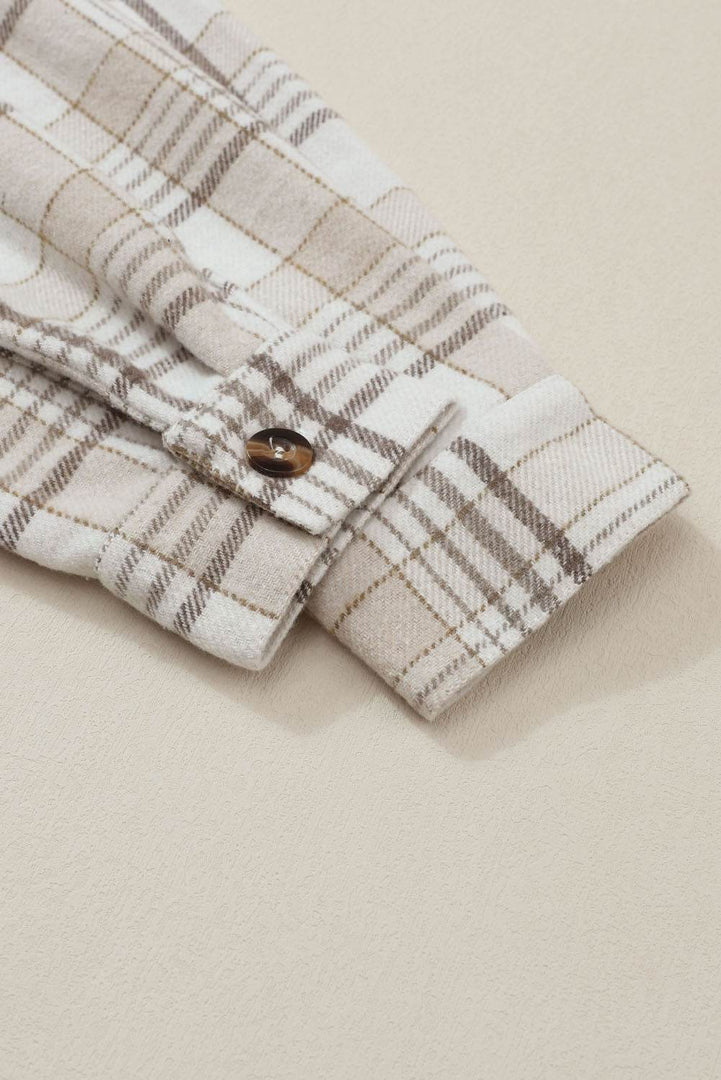 Khaki Plaid Removable Hood Buttoned Shacket - Fashion Queen -  14