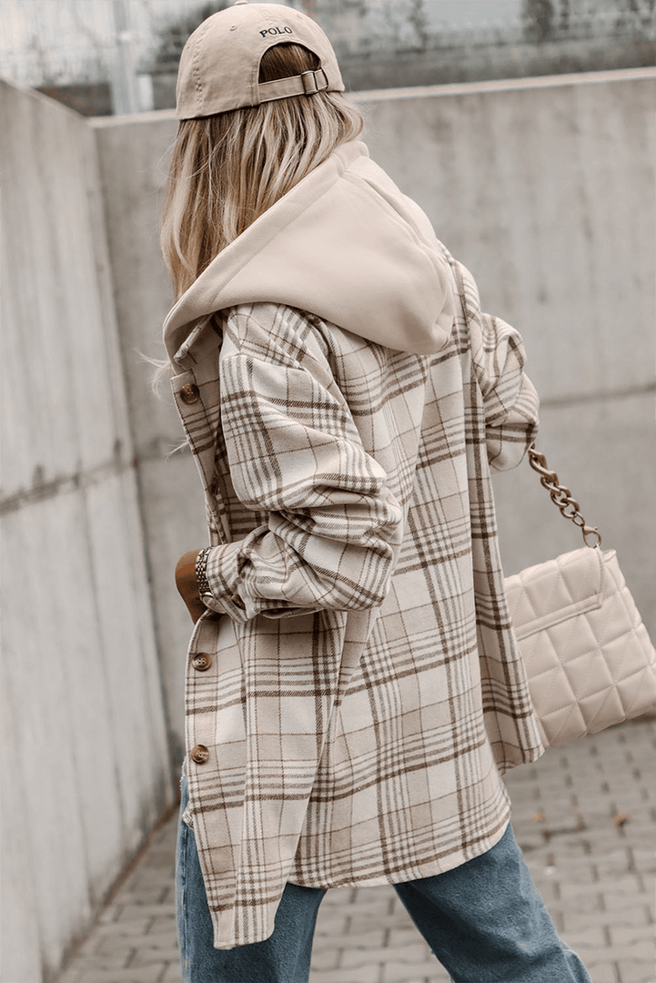 Khaki Plaid Removable Hood Buttoned Shacket - Fashion Queen -  2