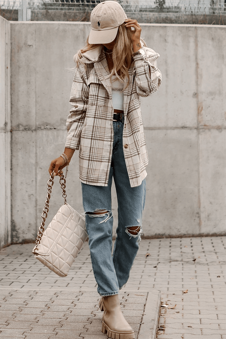 Khaki Plaid Removable Hood Buttoned Shacket - Fashion Queen -  5