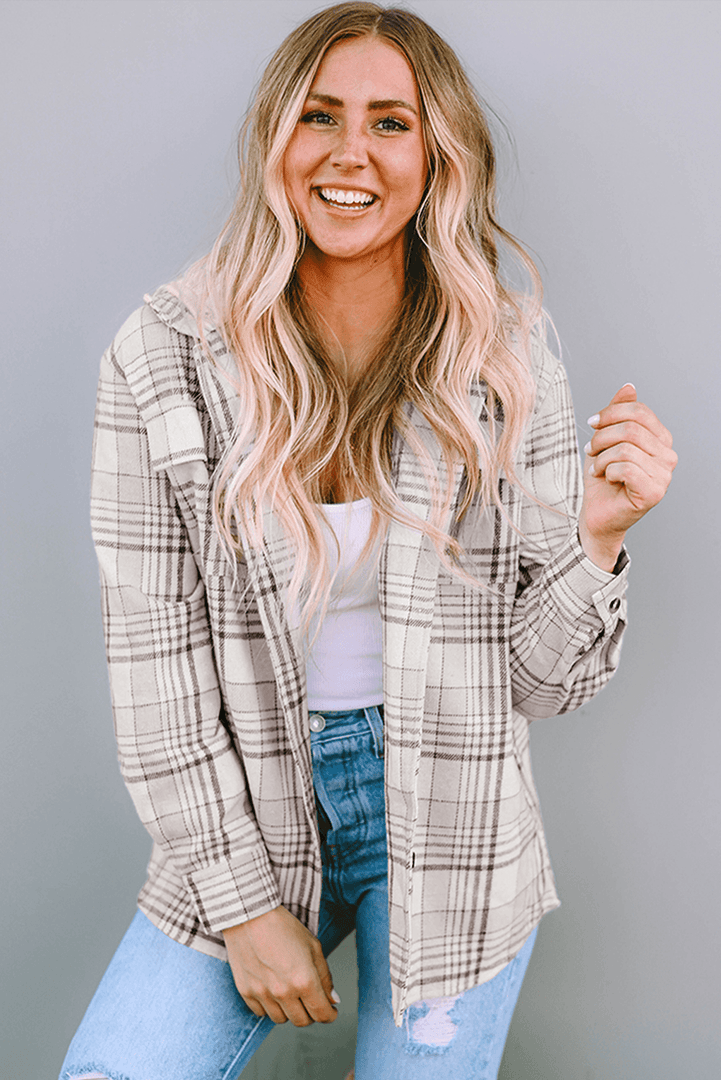 Khaki Plaid Removable Hood Buttoned Shacket - Fashion Queen -  6