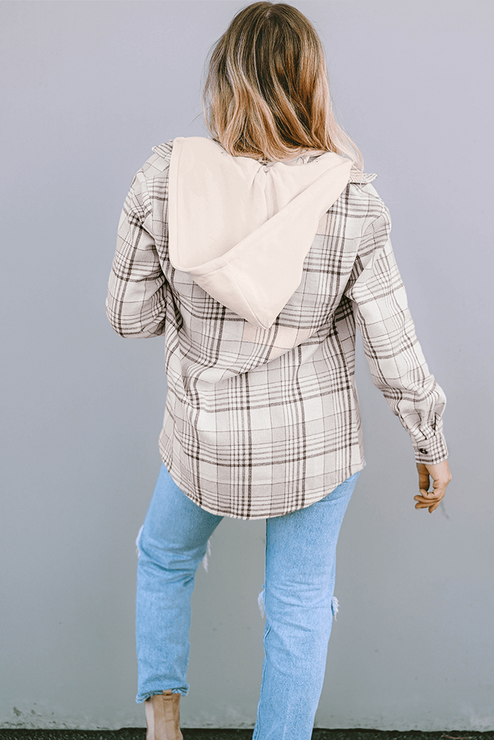Khaki Plaid Removable Hood Buttoned Shacket - Fashion Queen -  7