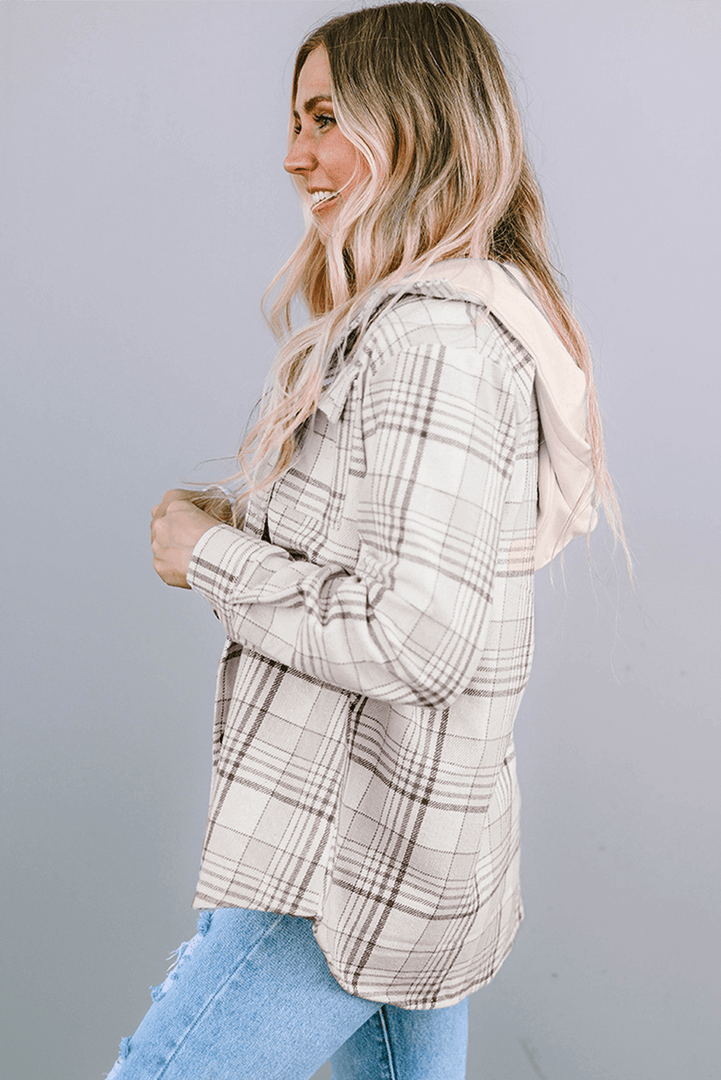 Khaki Plaid Removable Hood Buttoned Shacket - Fashion Queen -  8