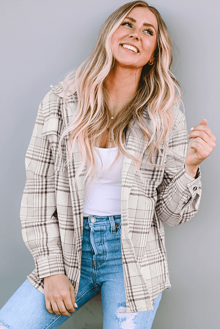 Khaki Plaid Removable Hood Buttoned Shacket - Fashion Queen -  9