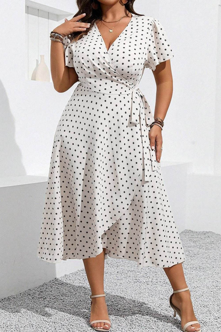 Khaki Polka Dot Surplice V Neck Tied Waist Flutter Sleeve Flowy Plus Size Midi Dress - Fashion Queen -  13