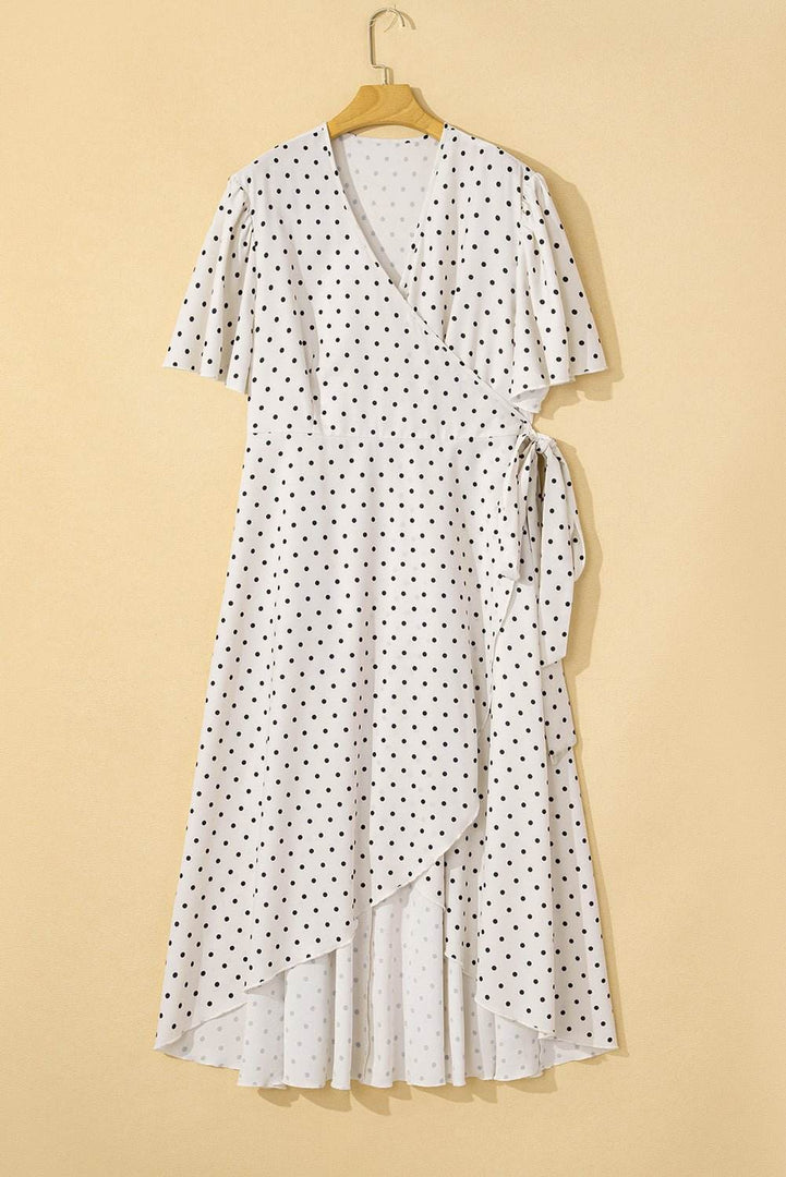 Khaki Polka Dot Surplice V Neck Tied Waist Flutter Sleeve Flowy Plus Size Midi Dress - Fashion Queen -  14