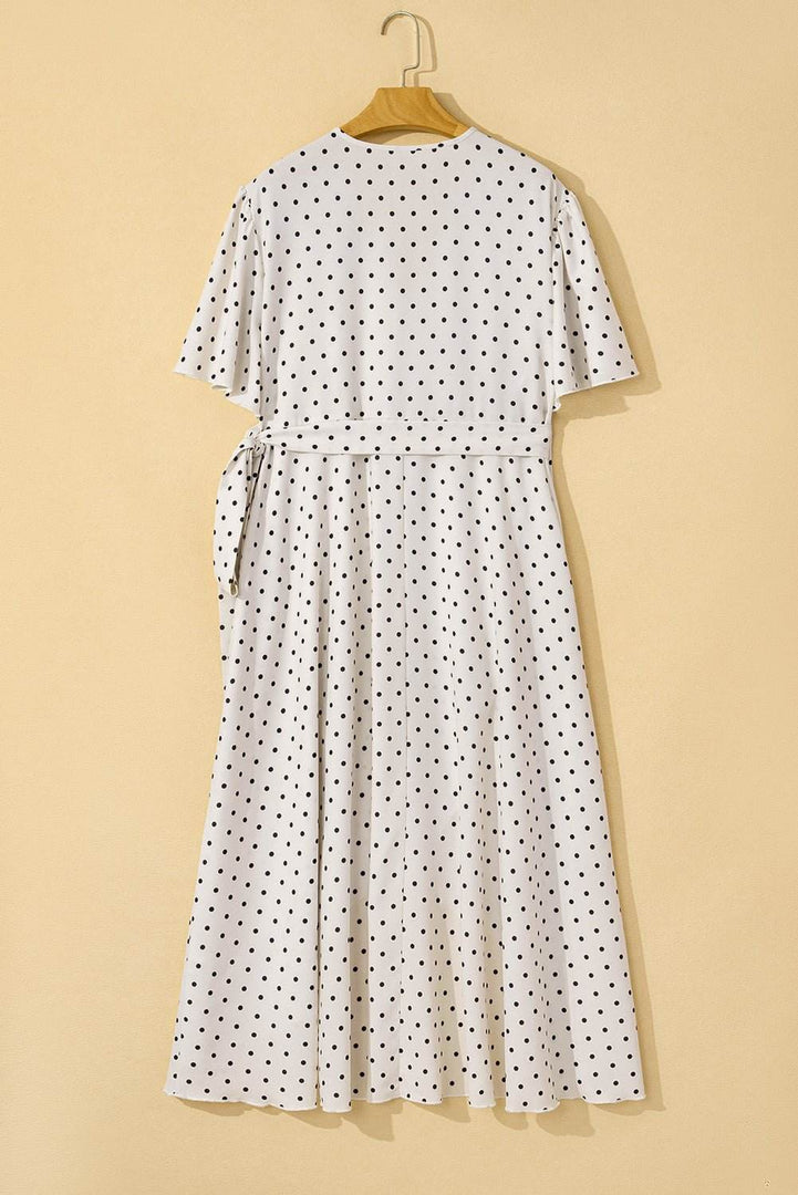 Khaki Polka Dot Surplice V Neck Tied Waist Flutter Sleeve Flowy Plus Size Midi Dress - Fashion Queen -  15