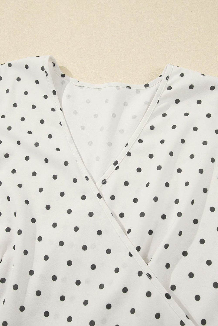 Khaki Polka Dot Surplice V Neck Tied Waist Flutter Sleeve Flowy Plus Size Midi Dress - Fashion Queen -  17