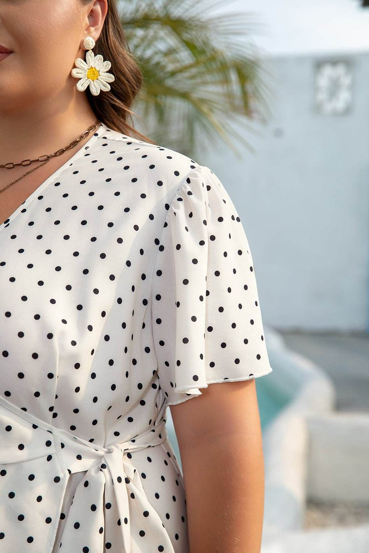 Khaki Polka Dot Surplice V Neck Tied Waist Flutter Sleeve Flowy Plus Size Midi Dress - Fashion Queen -  8