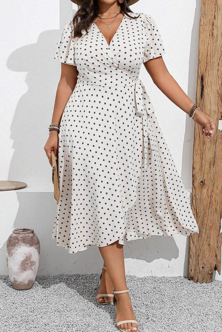 Khaki Polka Dot Surplice V Neck Tied Waist Flutter Sleeve Flowy Plus Size Midi Dress - Fashion Queen -  9
